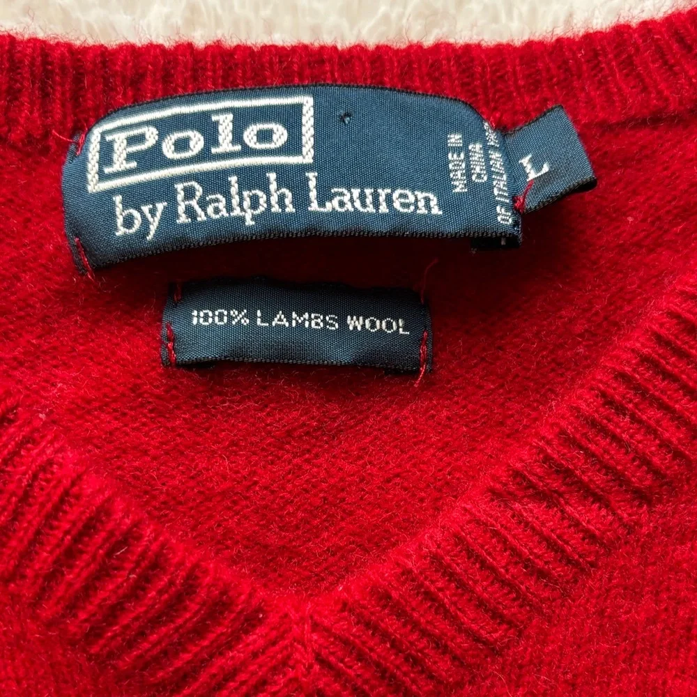 RL Polo Vibrant 100% Lambs Wool Classic Red V-Neck Sweater with Navy Polo horse - Picture 7 of 9